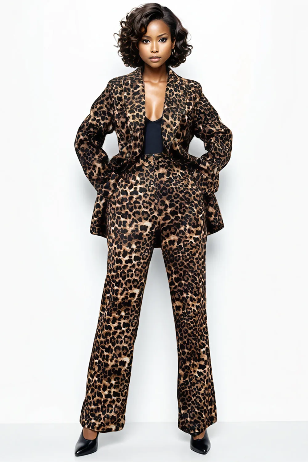 A94056D LEOPARD PRINT SUIT PANT SET