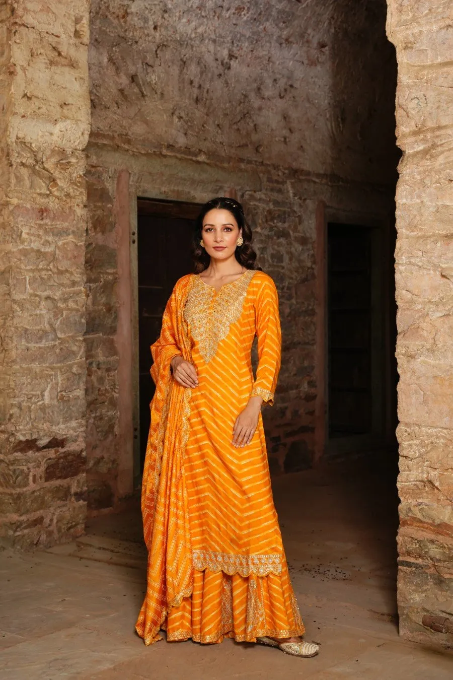 Amber Yellow Leheriya Embroidered Sharara Set