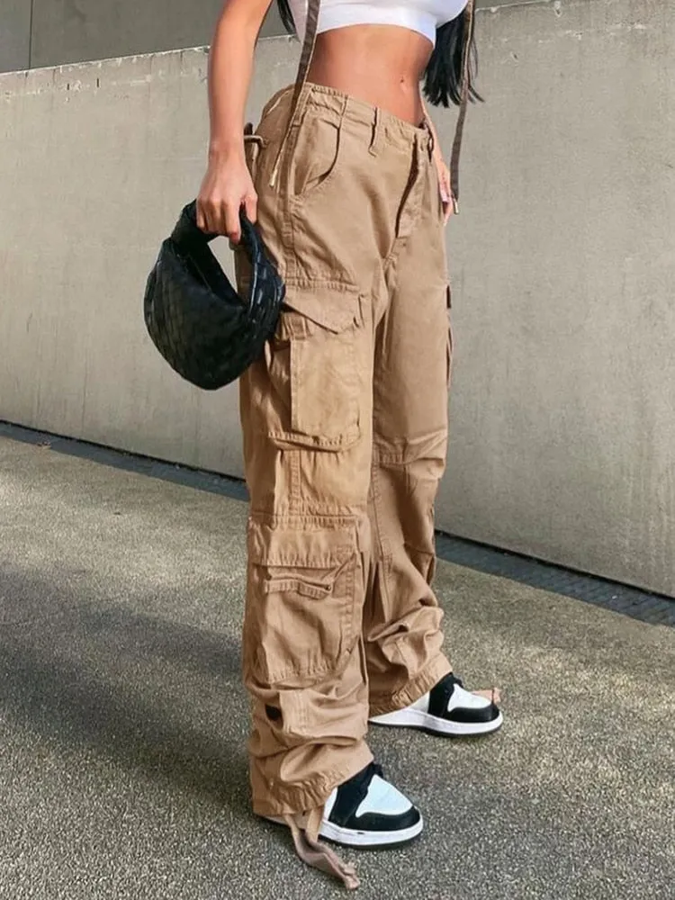 Amozae Harajuku Hip Hop Casual Low Waist Cargo Pans Women Khaki Pocket Fashion Jeans Ladies Cotton Streetwear Denim Trousers