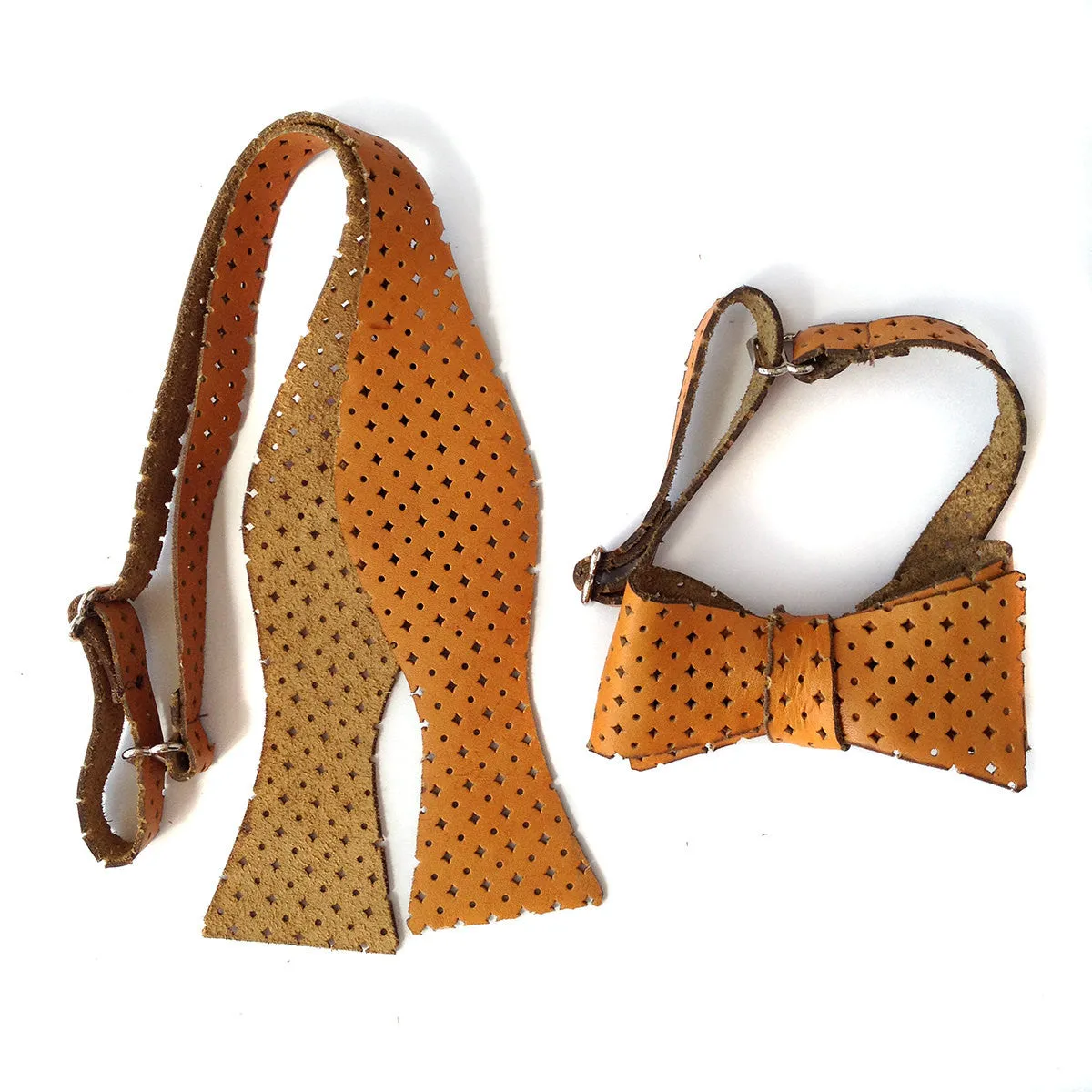 Automotive Burnt Orange Diamond Perforated Leather Bow Tie