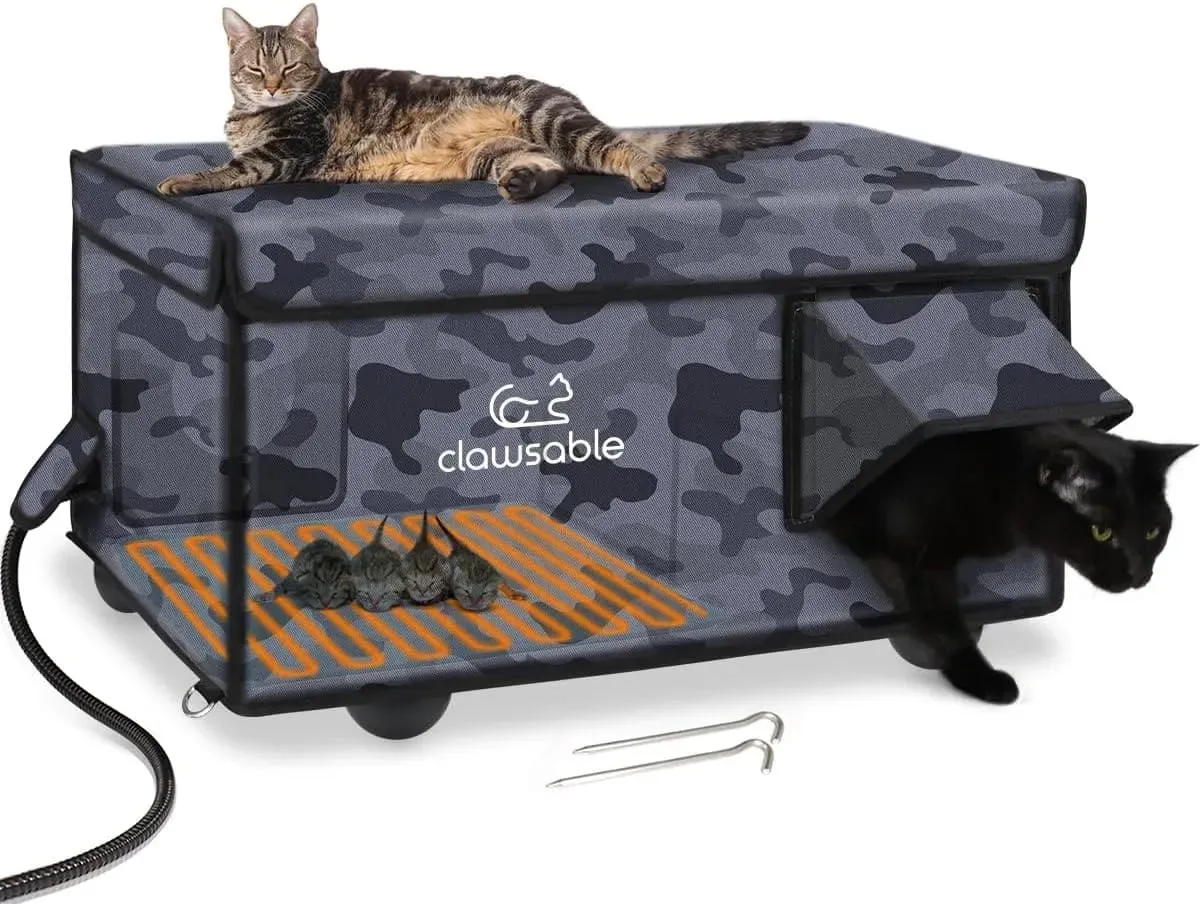 Black Camouflage Rounded Corner Outdoor Heated Cat House