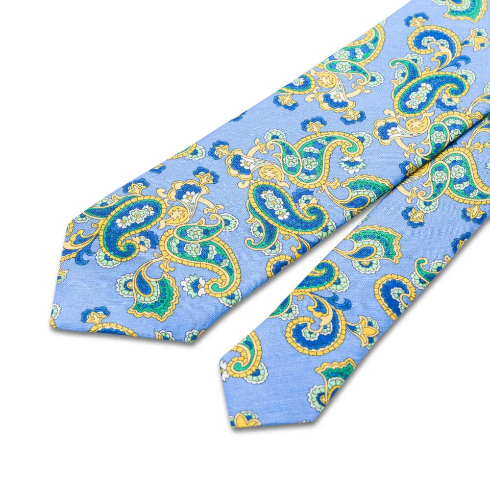 Blue Green Yellow Paisley Silk Linen Tie