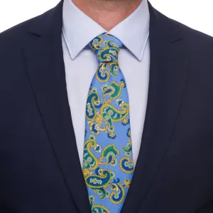 Blue Green Yellow Paisley Silk Linen Tie