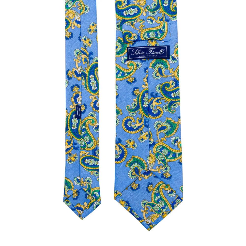 Blue Green Yellow Paisley Silk Linen Tie