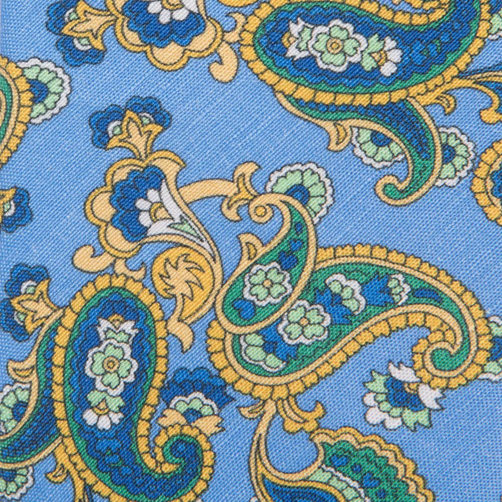 Blue Green Yellow Paisley Silk Linen Tie