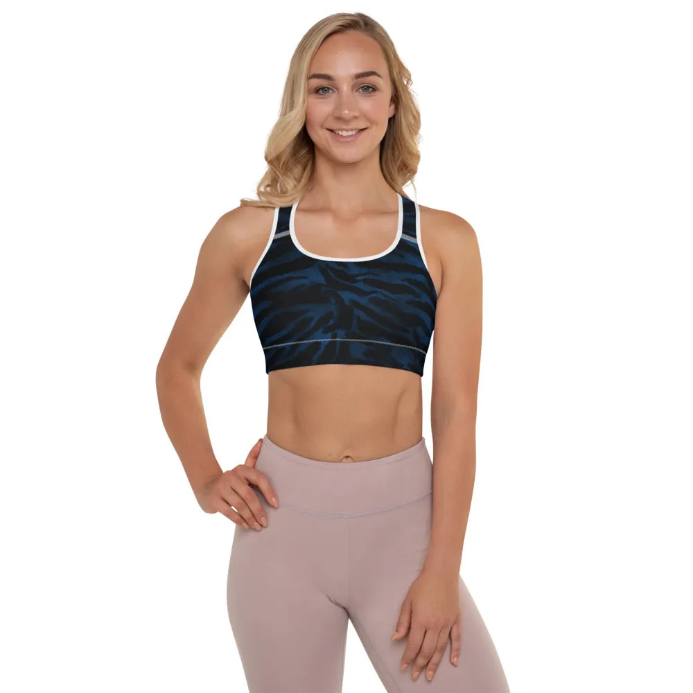 Blue Tiger Padded Sports Bra, Animal Stripes Print Workout Bra For Ladies-Made in USA/EU