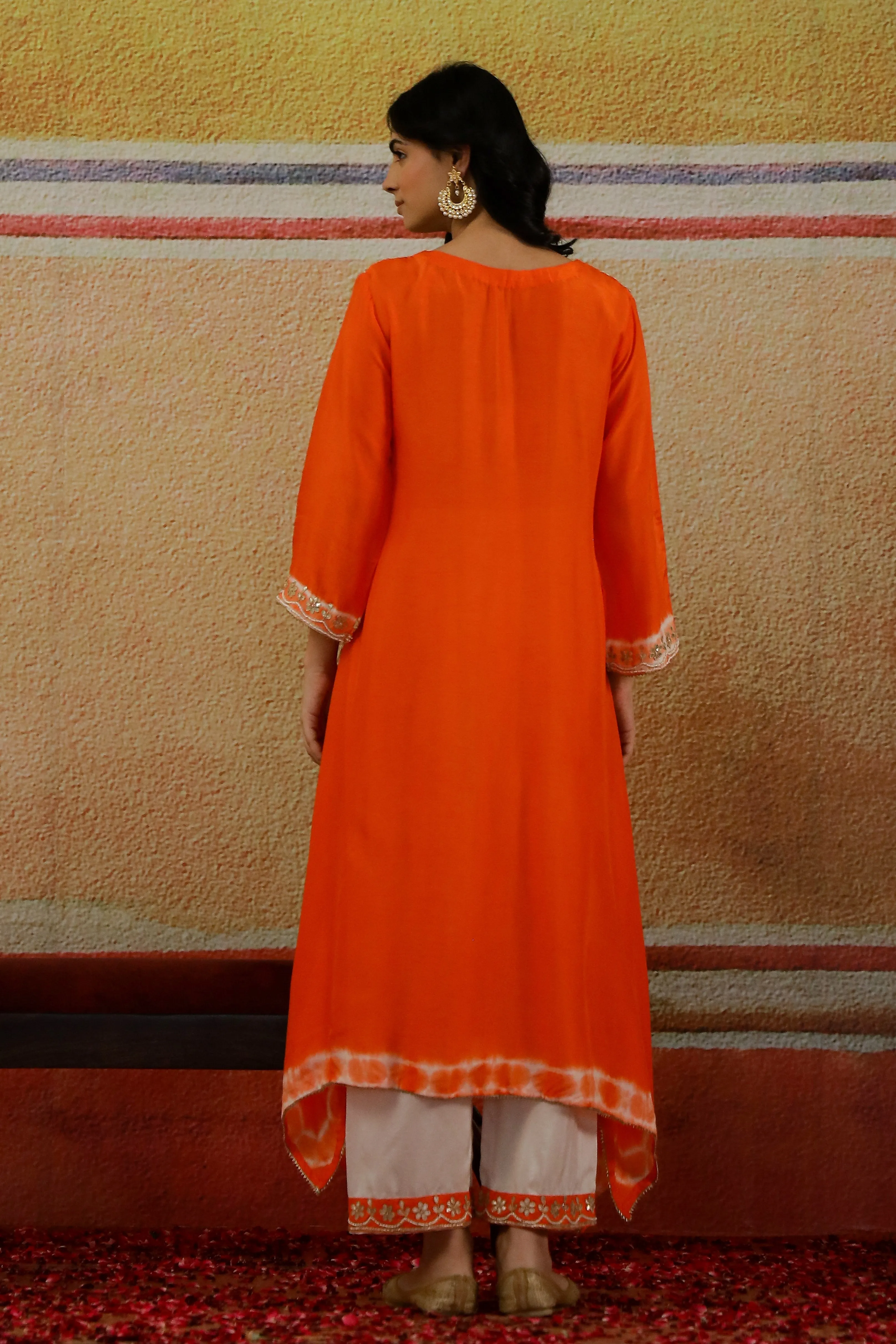 Bright Orange Embroidered Raw Silk Kurta Set