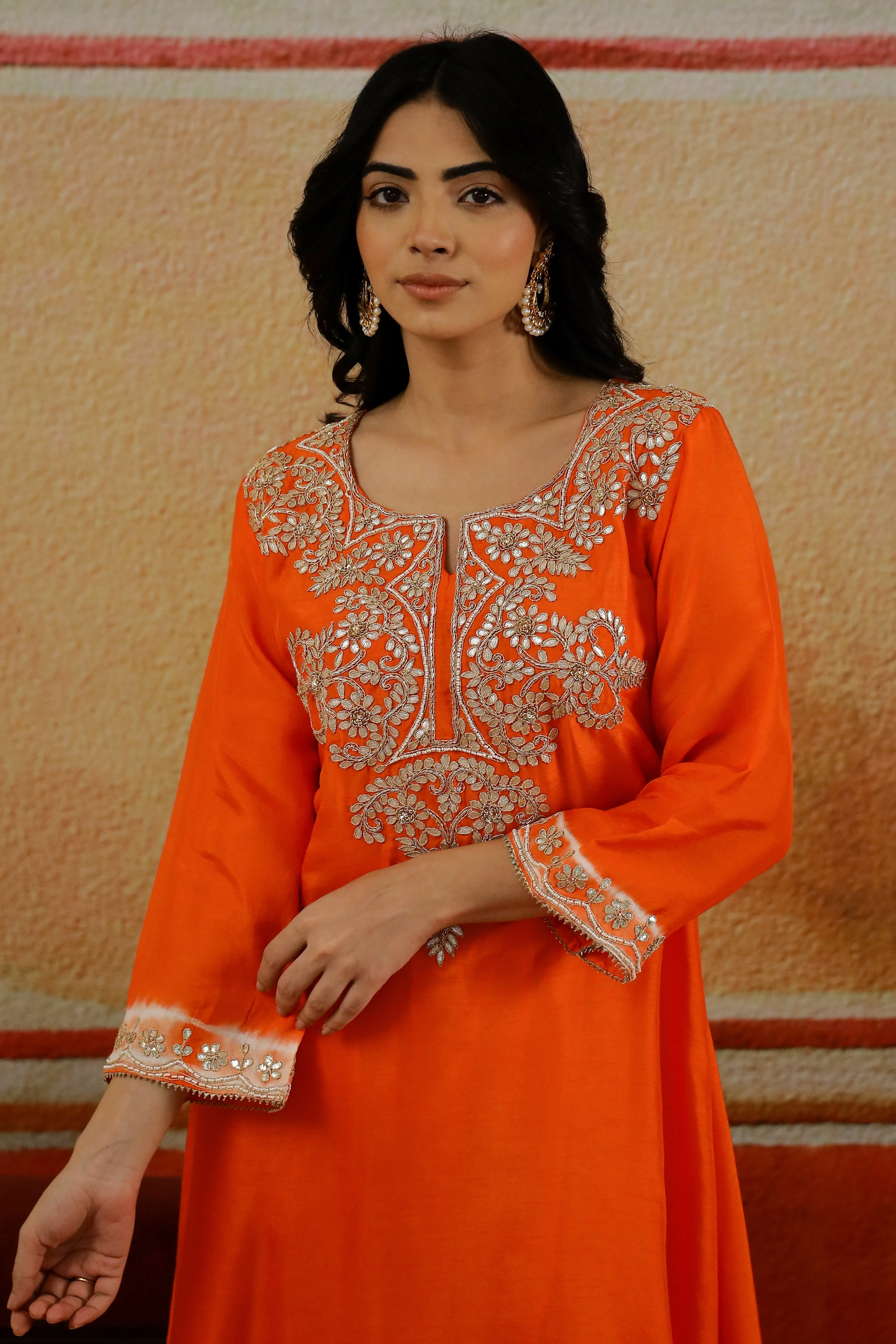 Bright Orange Embroidered Raw Silk Kurta Set