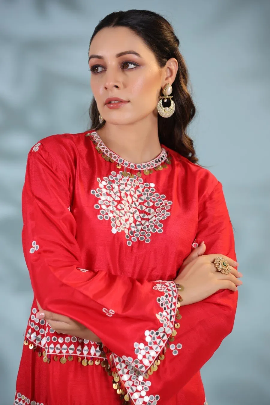 Cherry Red Mirror Embellished Tunic with Harem Pants