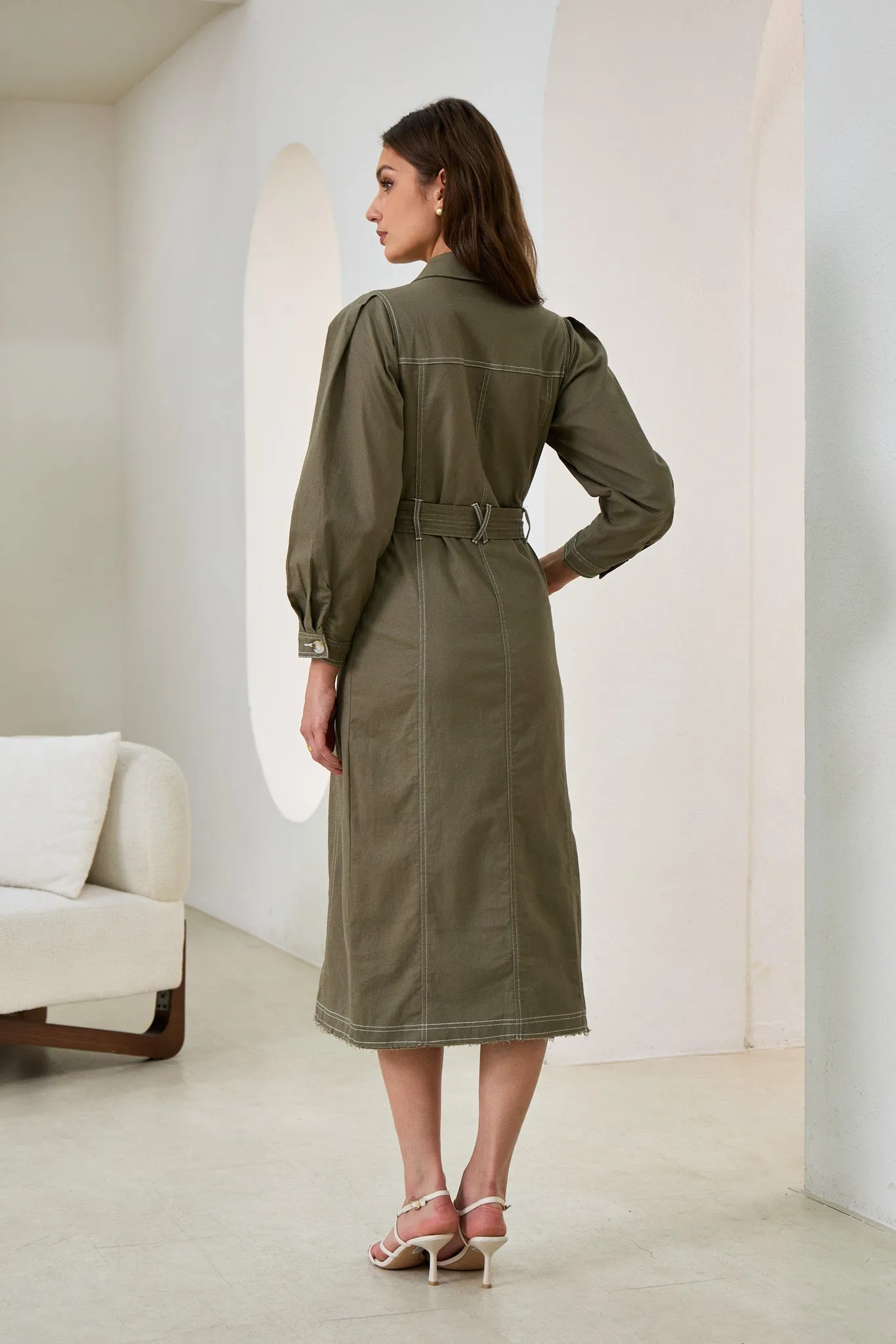 Cleo Khaki Green Button Down Belted Midi Dress