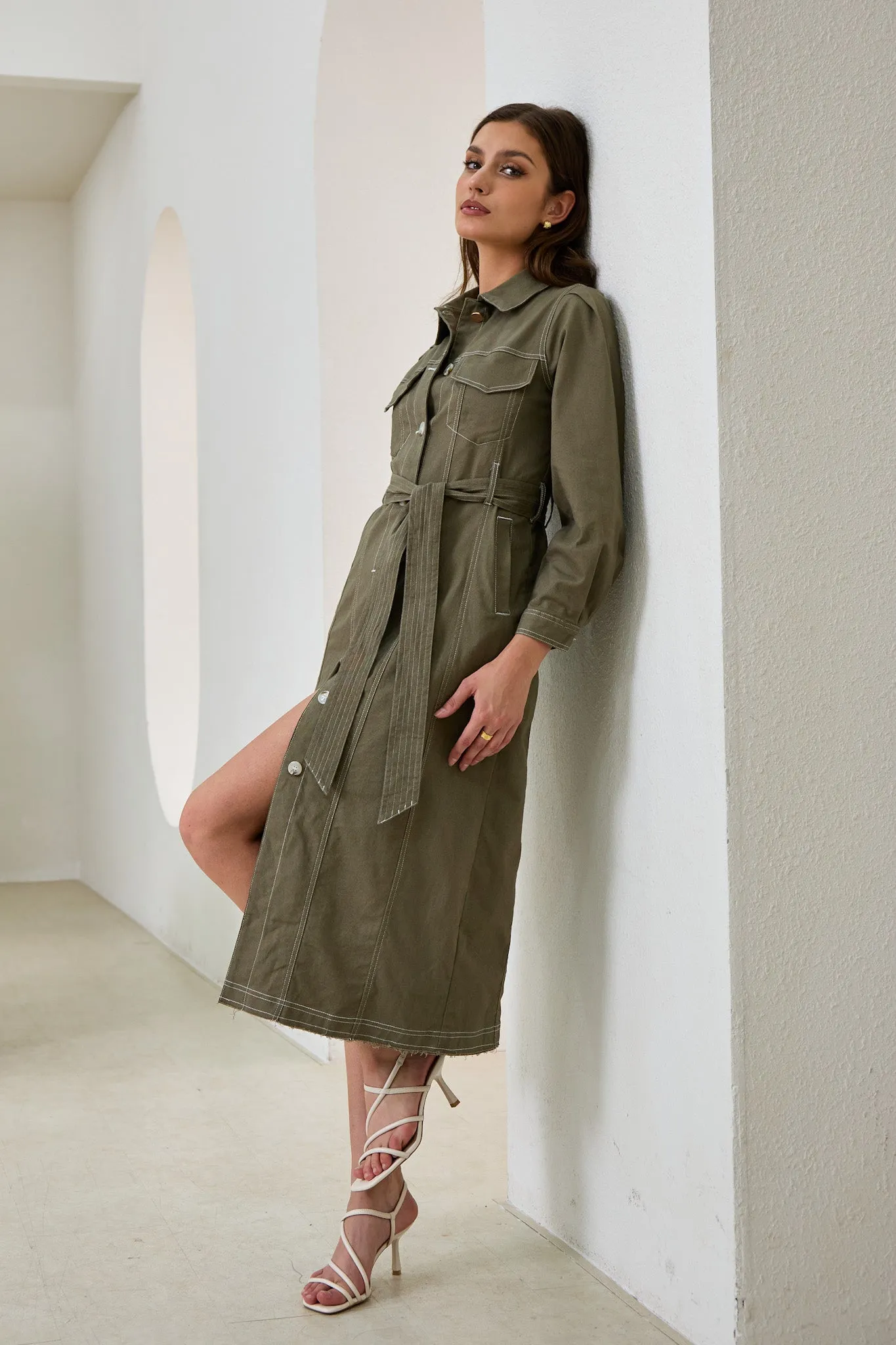 Cleo Khaki Green Button Down Belted Midi Dress