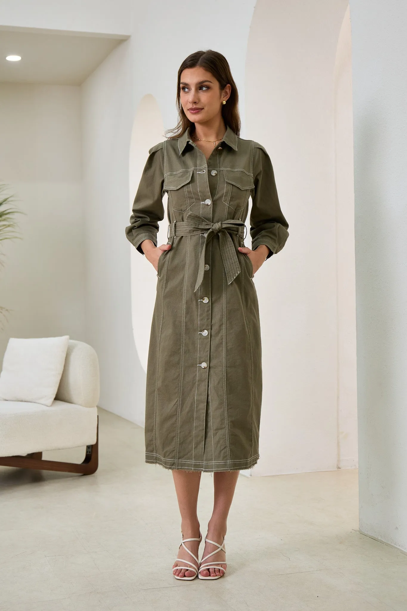 Cleo Khaki Green Button Down Belted Midi Dress