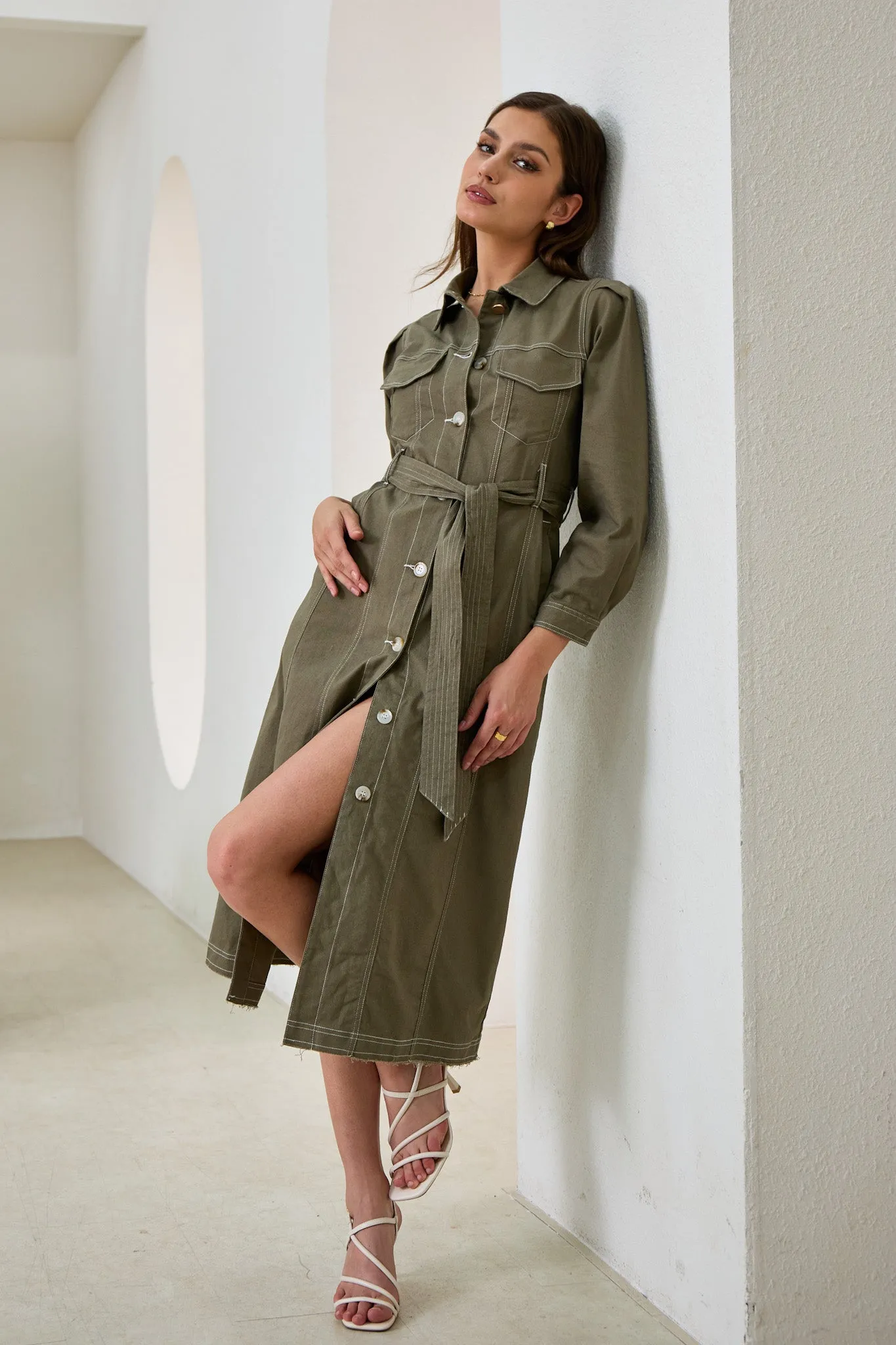 Cleo Khaki Green Button Down Belted Midi Dress