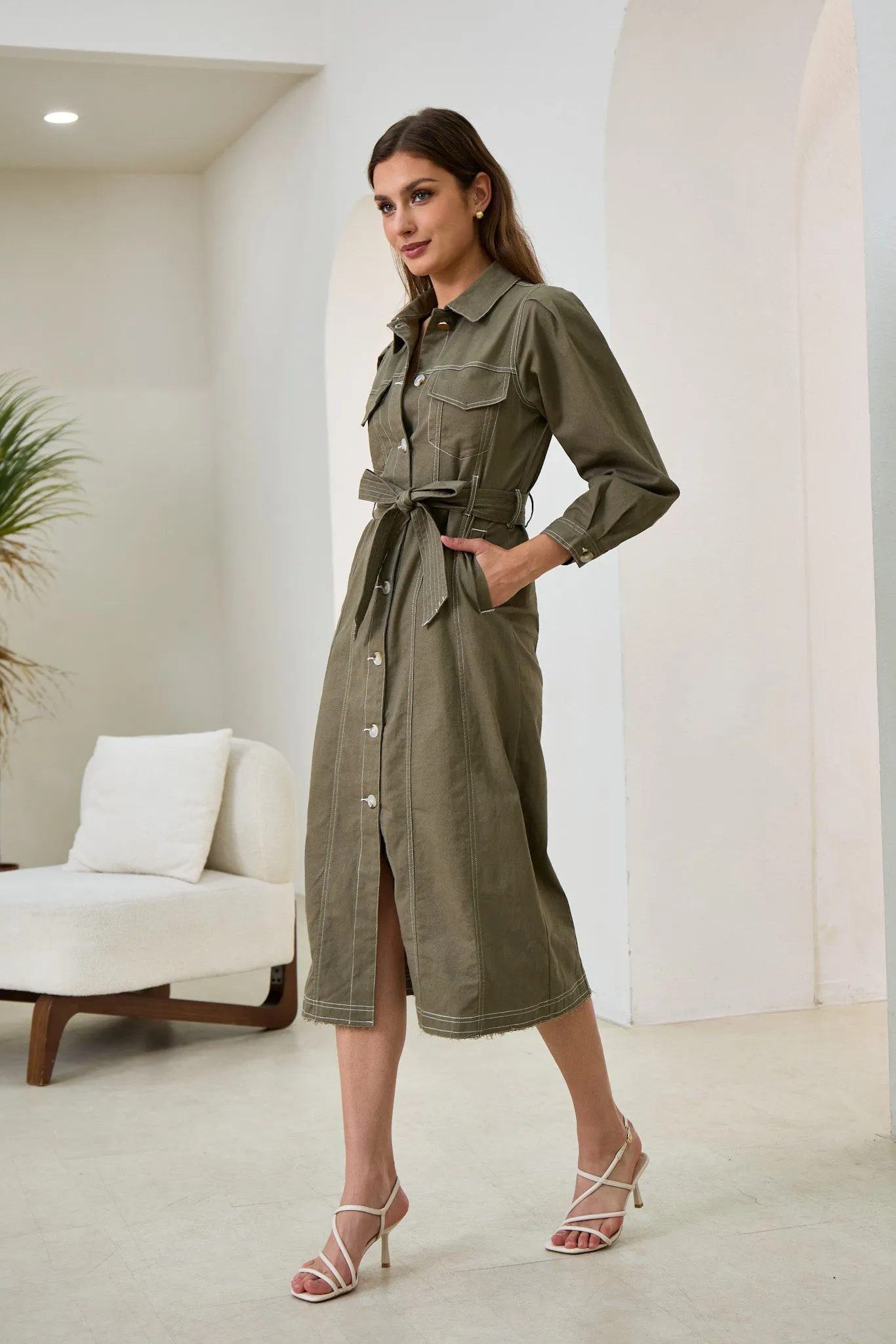 Cleo Khaki Green Button Down Belted Midi Dress