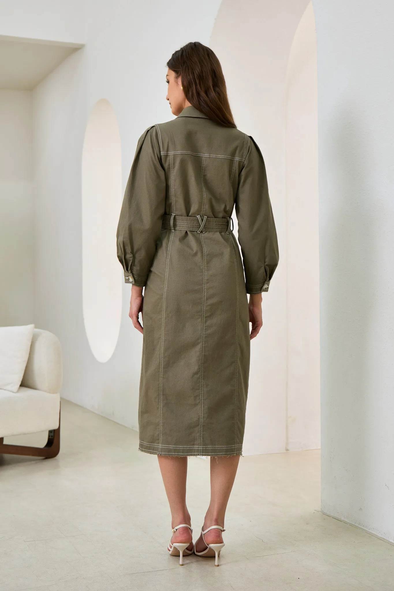 Cleo Khaki Green Button Down Belted Midi Dress