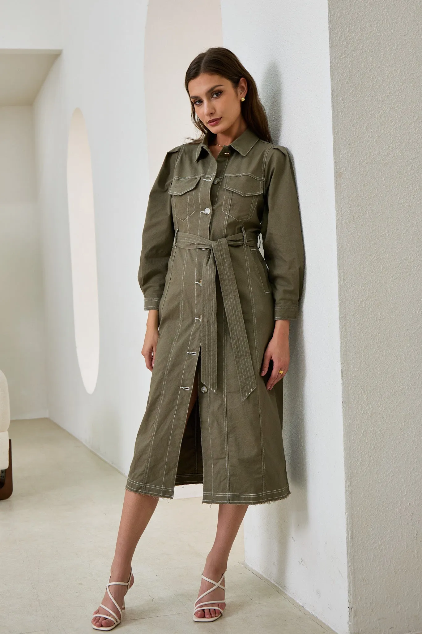 Cleo Khaki Green Button Down Belted Midi Dress