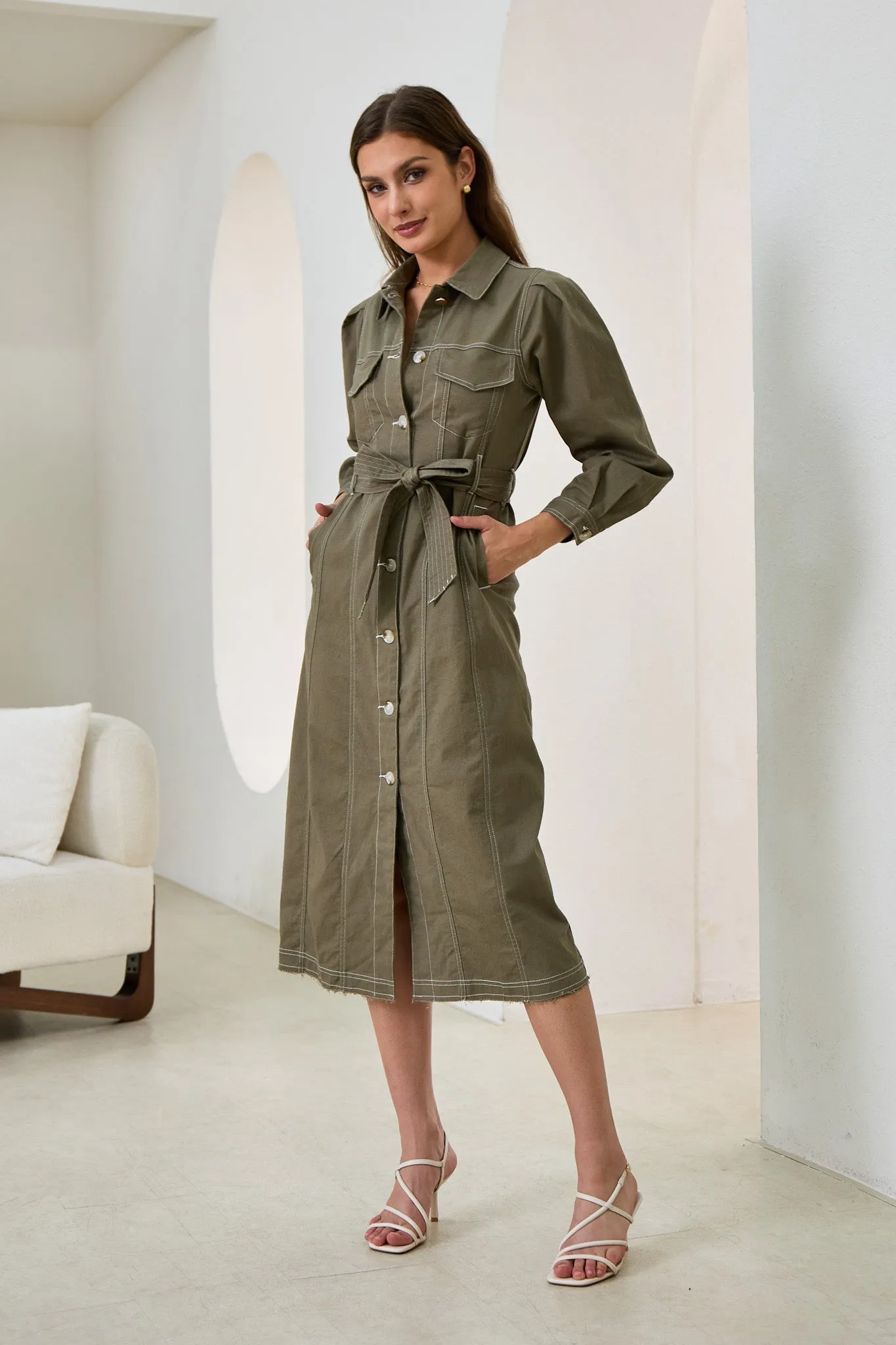 Cleo Khaki Green Button Down Belted Midi Dress