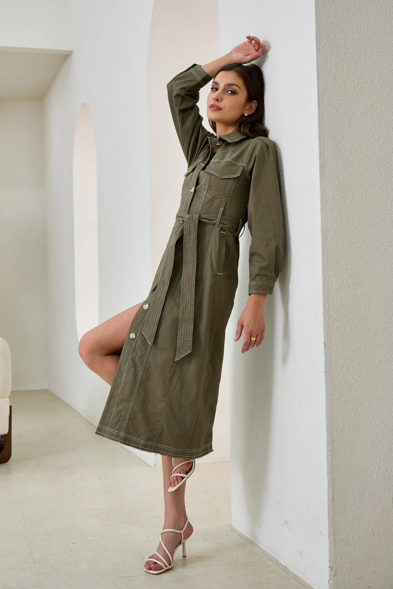 Cleo Khaki Green Button Down Belted Midi Dress