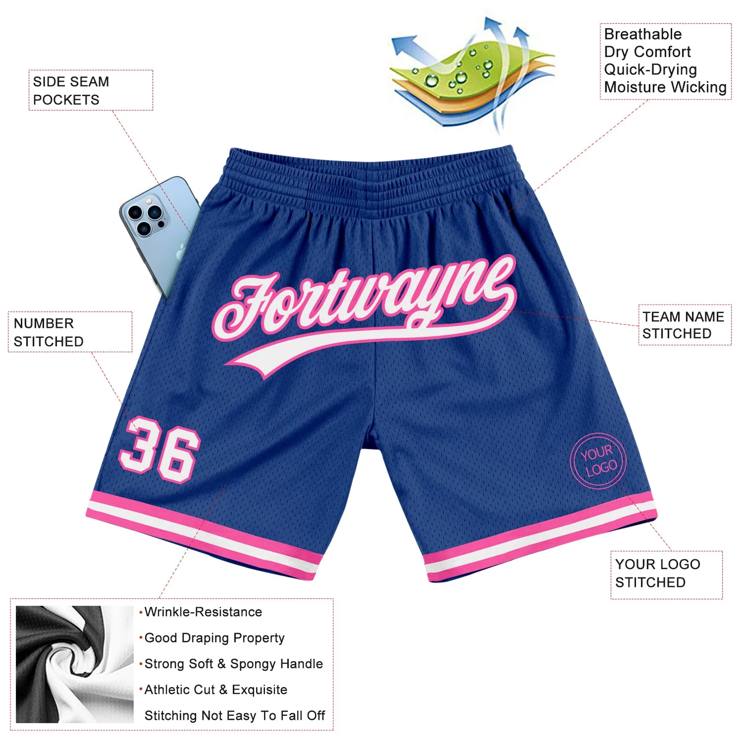 Custom Royal White-Pink Authentic Throwback Basketball Shorts