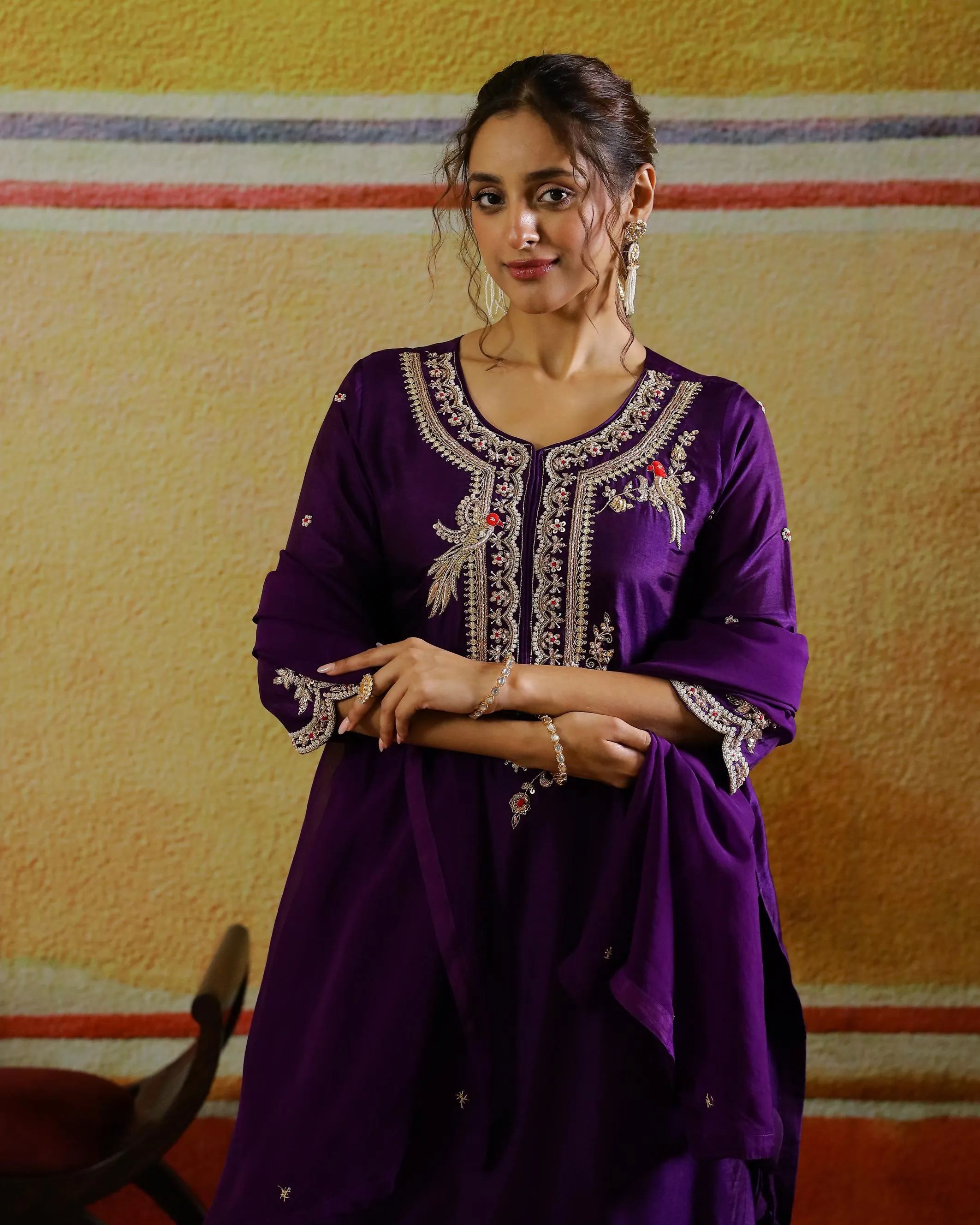 Deep Purple Embellished Raw Silk Palazzo Set