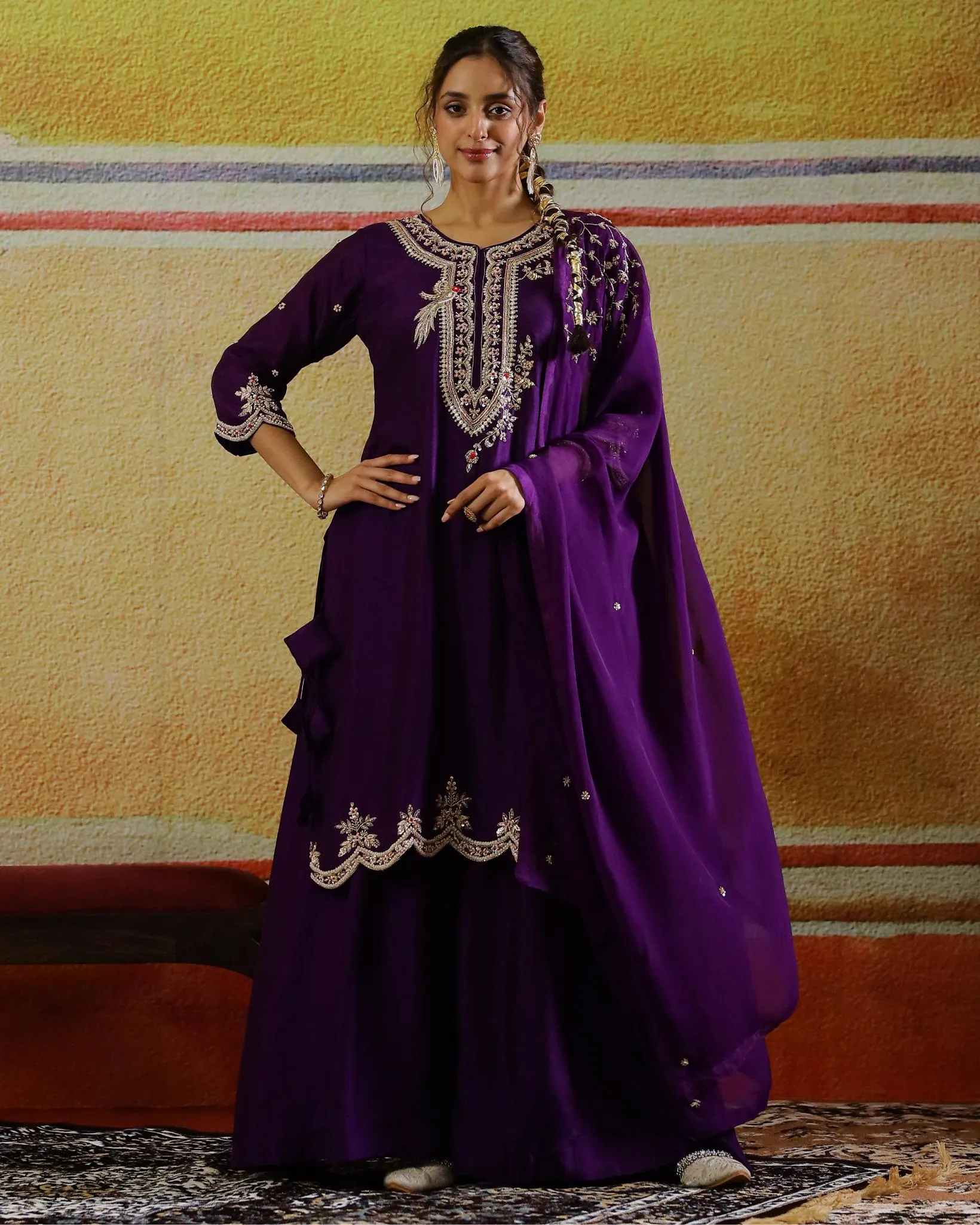 Deep Purple Embellished Raw Silk Palazzo Set