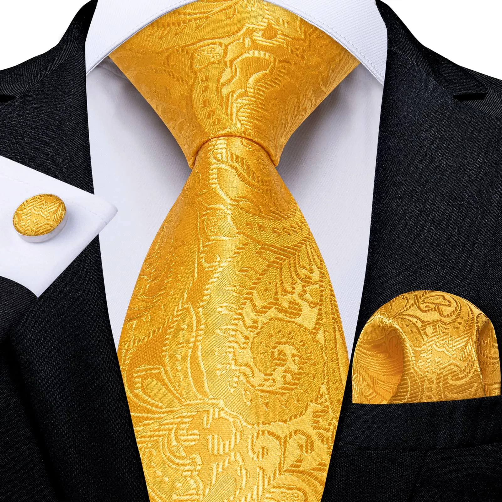 DiBanGu Bright Yellow Paisley Silk Mens Tie Pocket Square Cufflinks Set