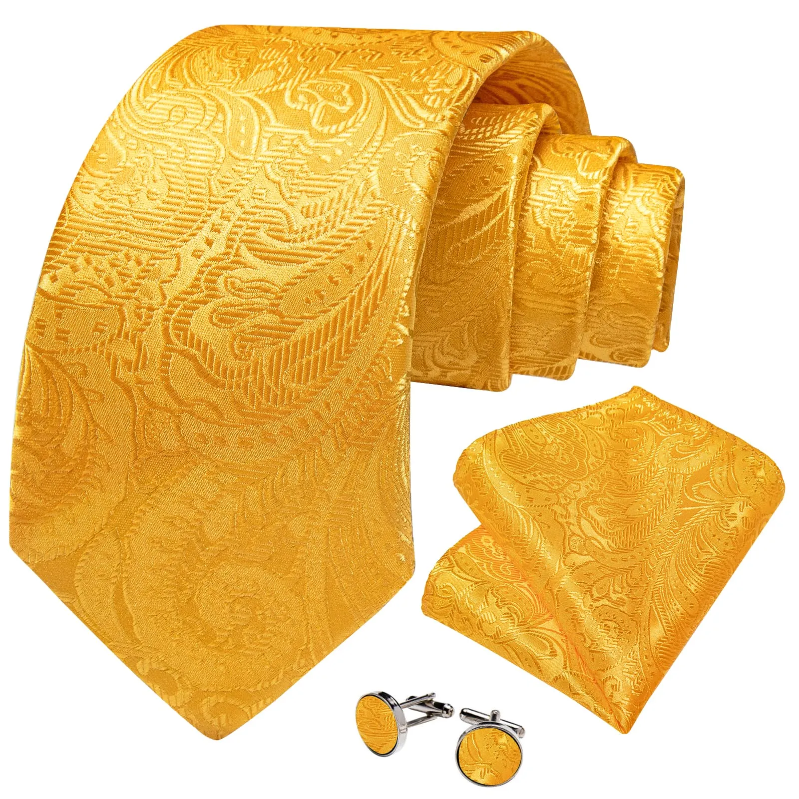 DiBanGu Bright Yellow Paisley Silk Mens Tie Pocket Square Cufflinks Set