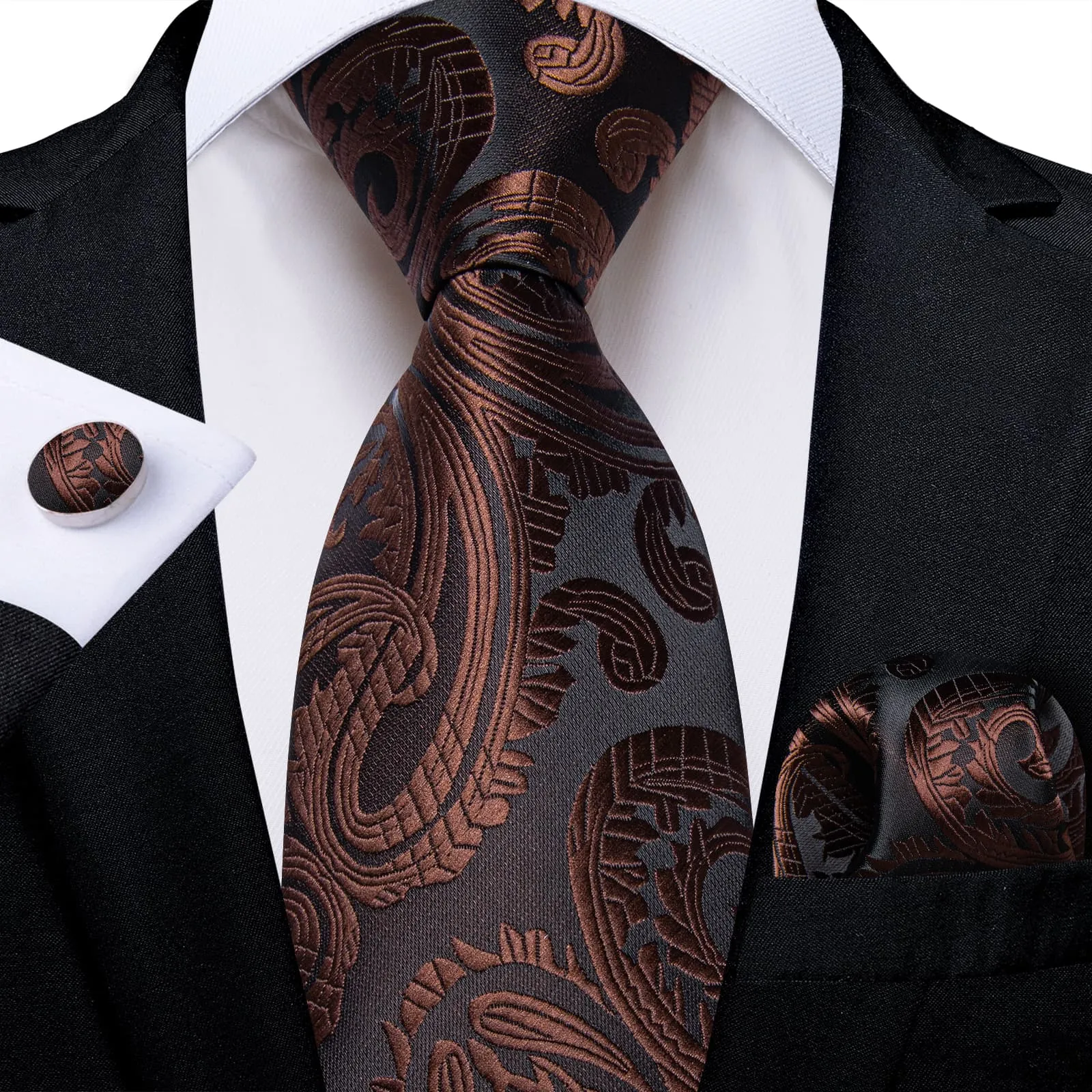 DiBanGu Dress Tie Brown Paisley Men's Silk Tie Handkerchief Cufflinks Set