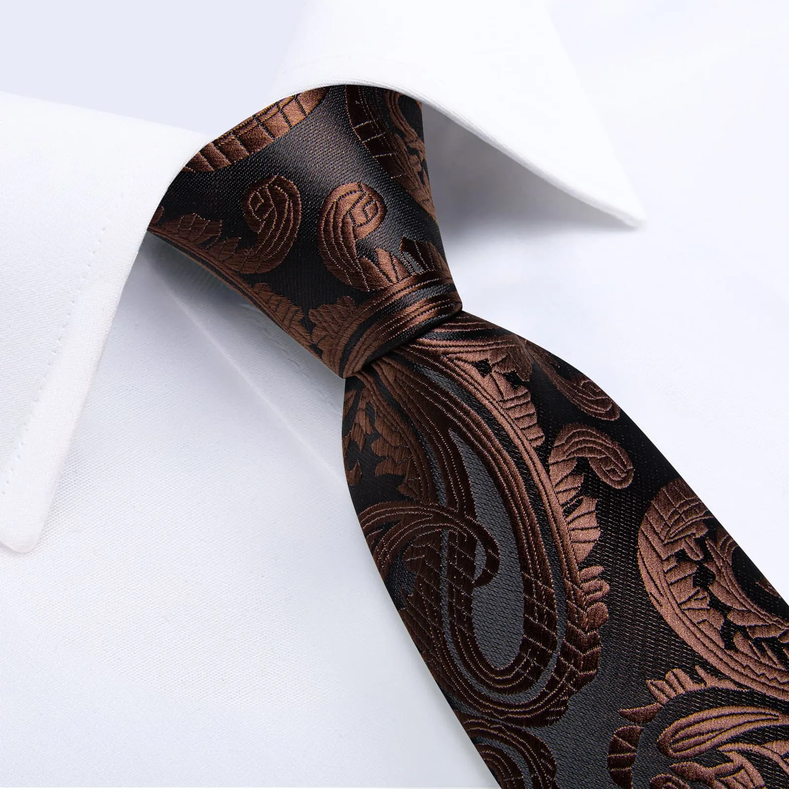 DiBanGu Dress Tie Brown Paisley Men's Silk Tie Handkerchief Cufflinks Set