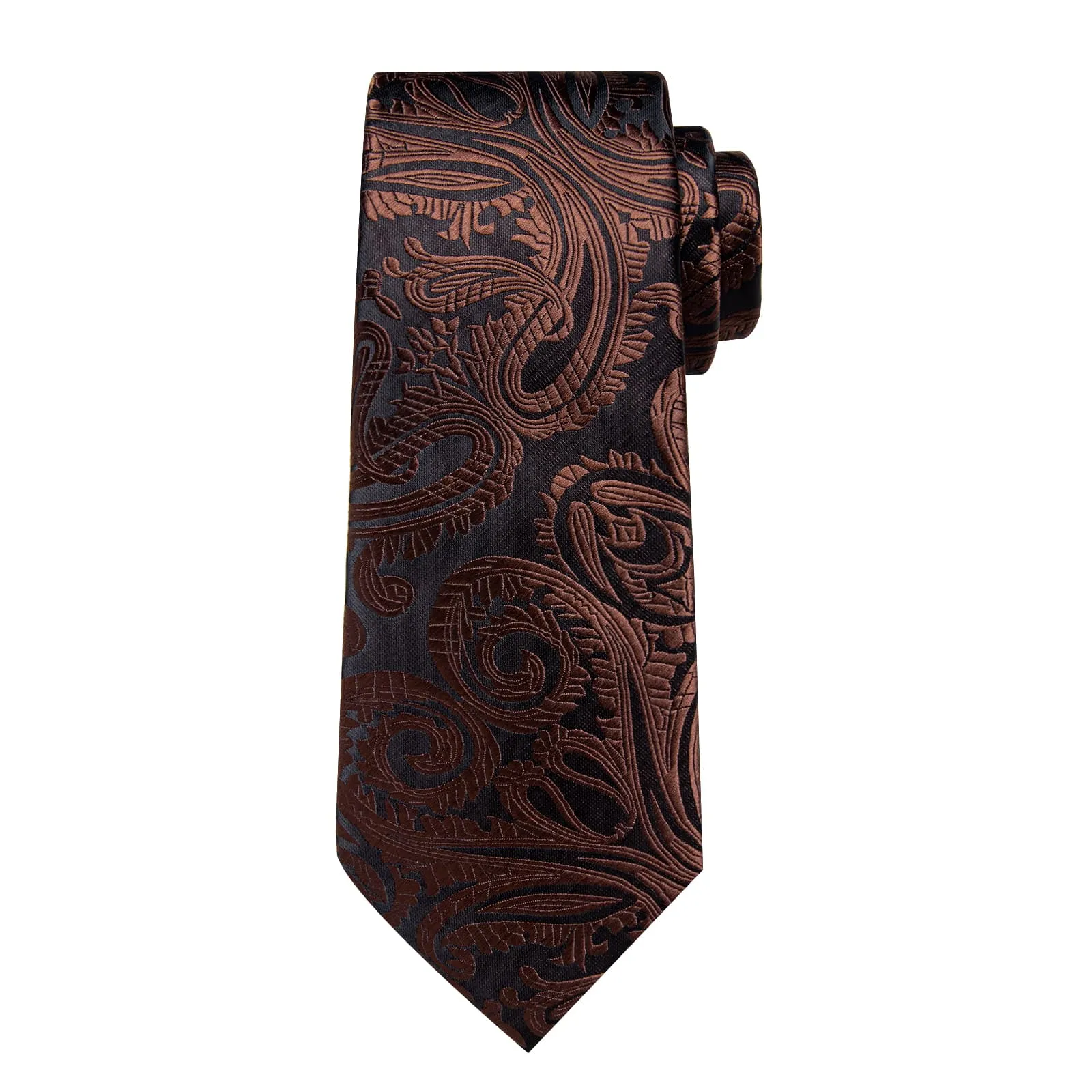 DiBanGu Dress Tie Brown Paisley Men's Silk Tie Handkerchief Cufflinks Set