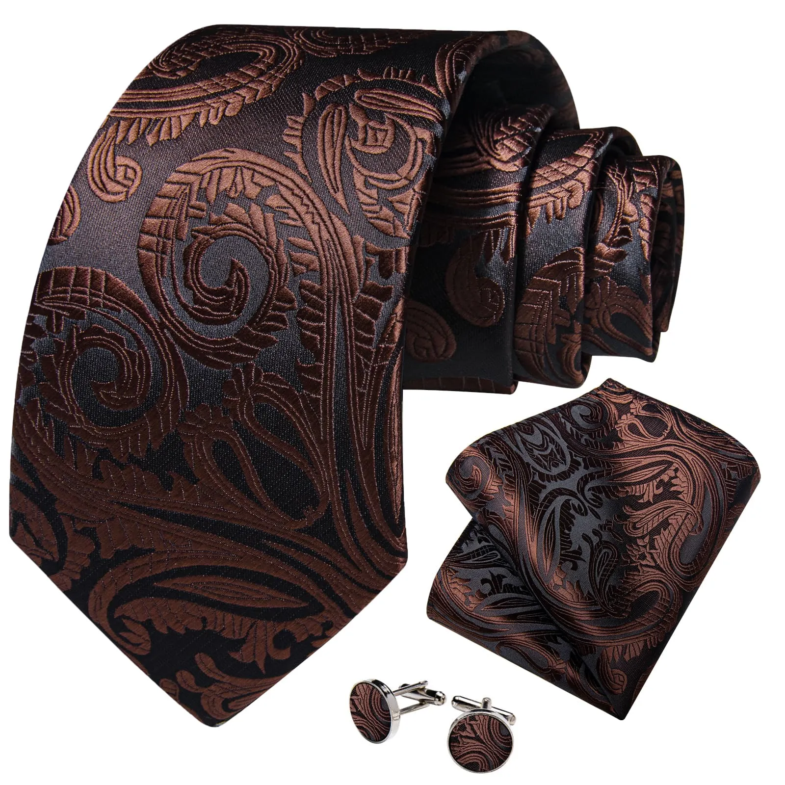 DiBanGu Dress Tie Brown Paisley Men's Silk Tie Handkerchief Cufflinks Set