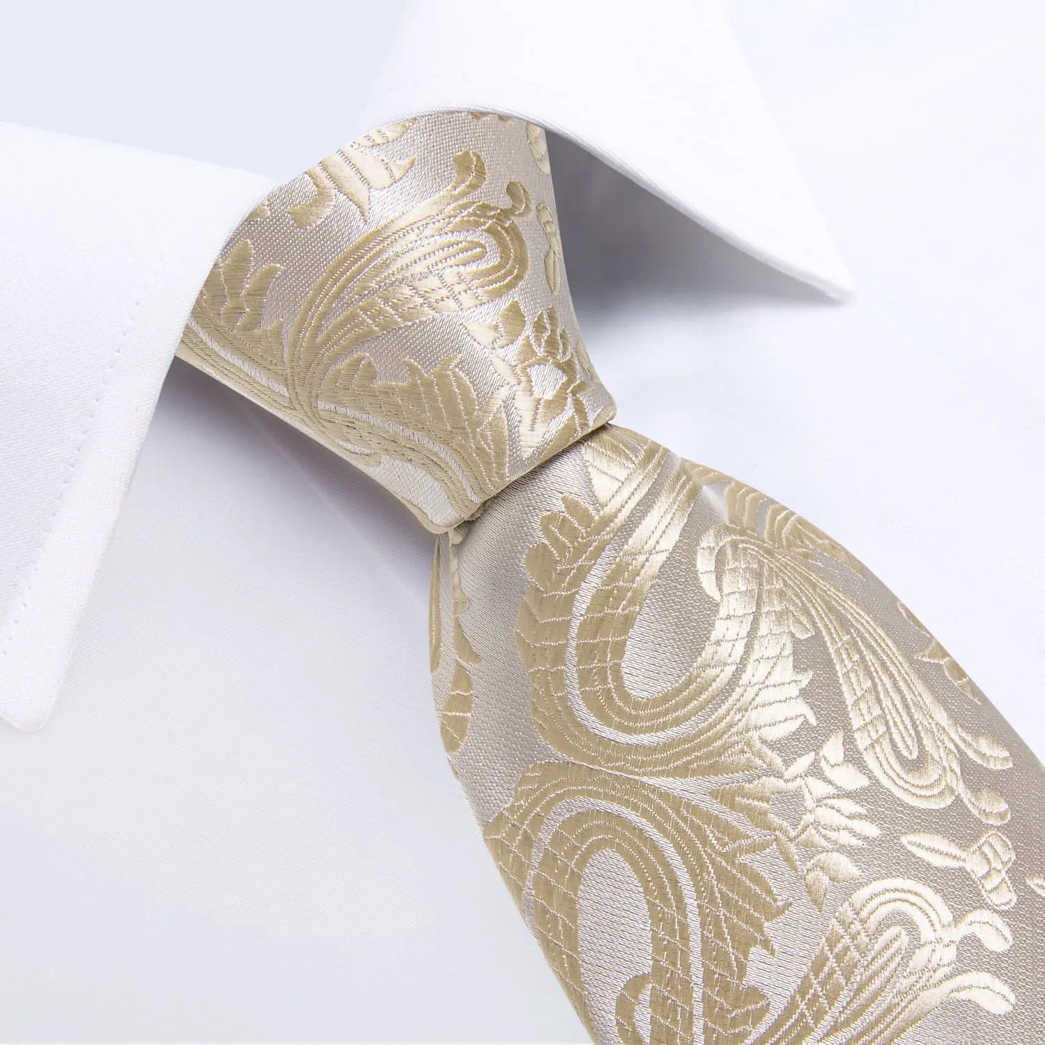 DiBanGu Dress Tie Cream White Paisley Men's Silk Tie Hanky Cufflinks Set