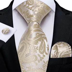 DiBanGu Dress Tie Cream White Paisley Men's Silk Tie Hanky Cufflinks Set