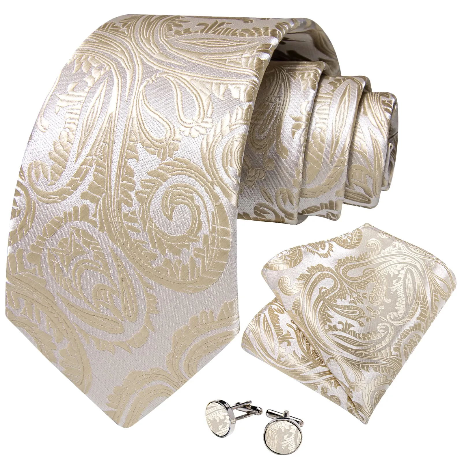 DiBanGu Dress Tie Cream White Paisley Men's Silk Tie Hanky Cufflinks Set