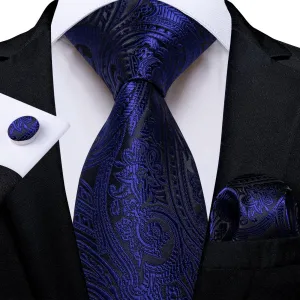 DiBanGu Dress Tie Midnight Blue Floral Mens Silk Business Work Tie Handkerchief Cufflinks Set