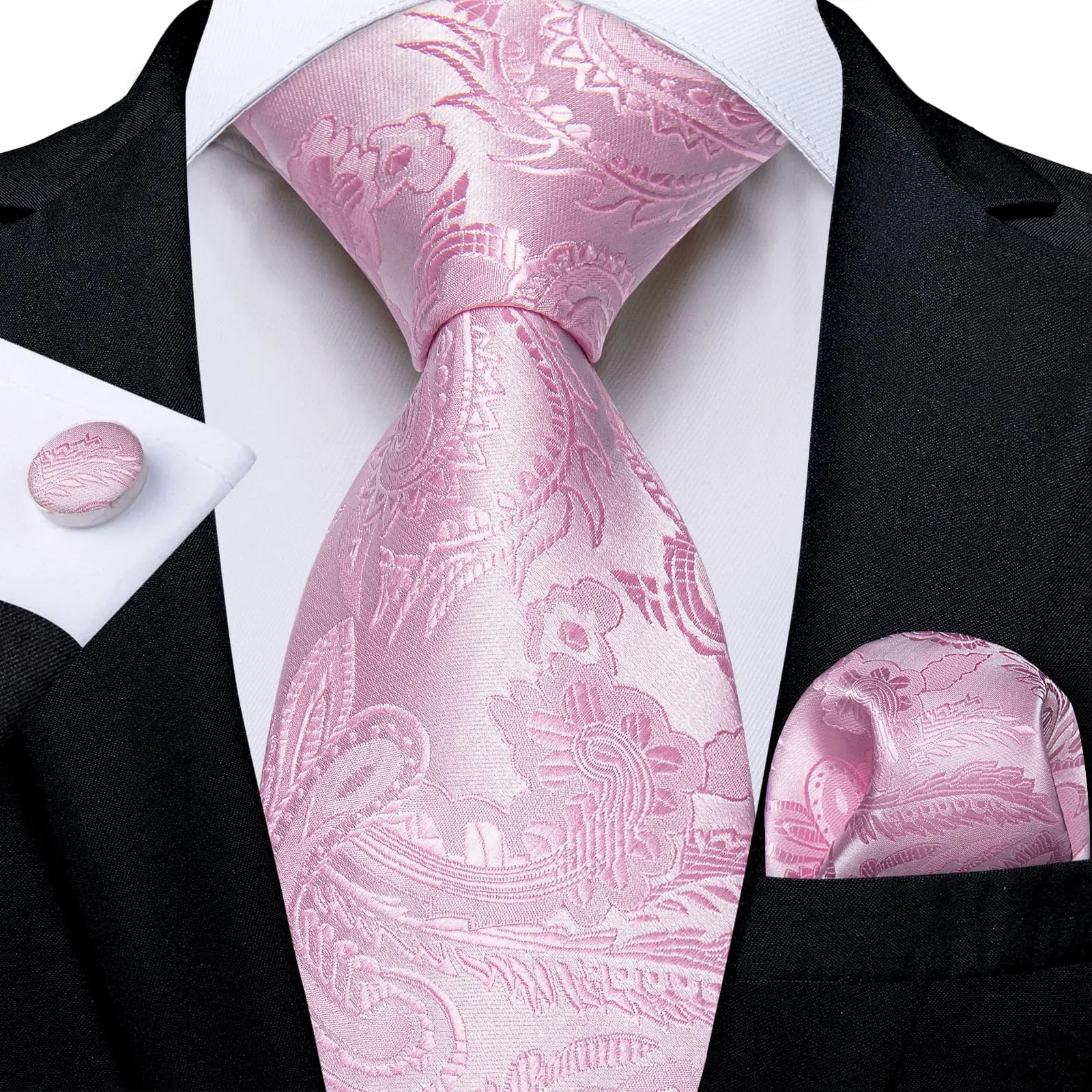 DiBanGu Silk Necktie Blush Pink Floral Mens Dress Tie Pocket Square Cufflinks Set