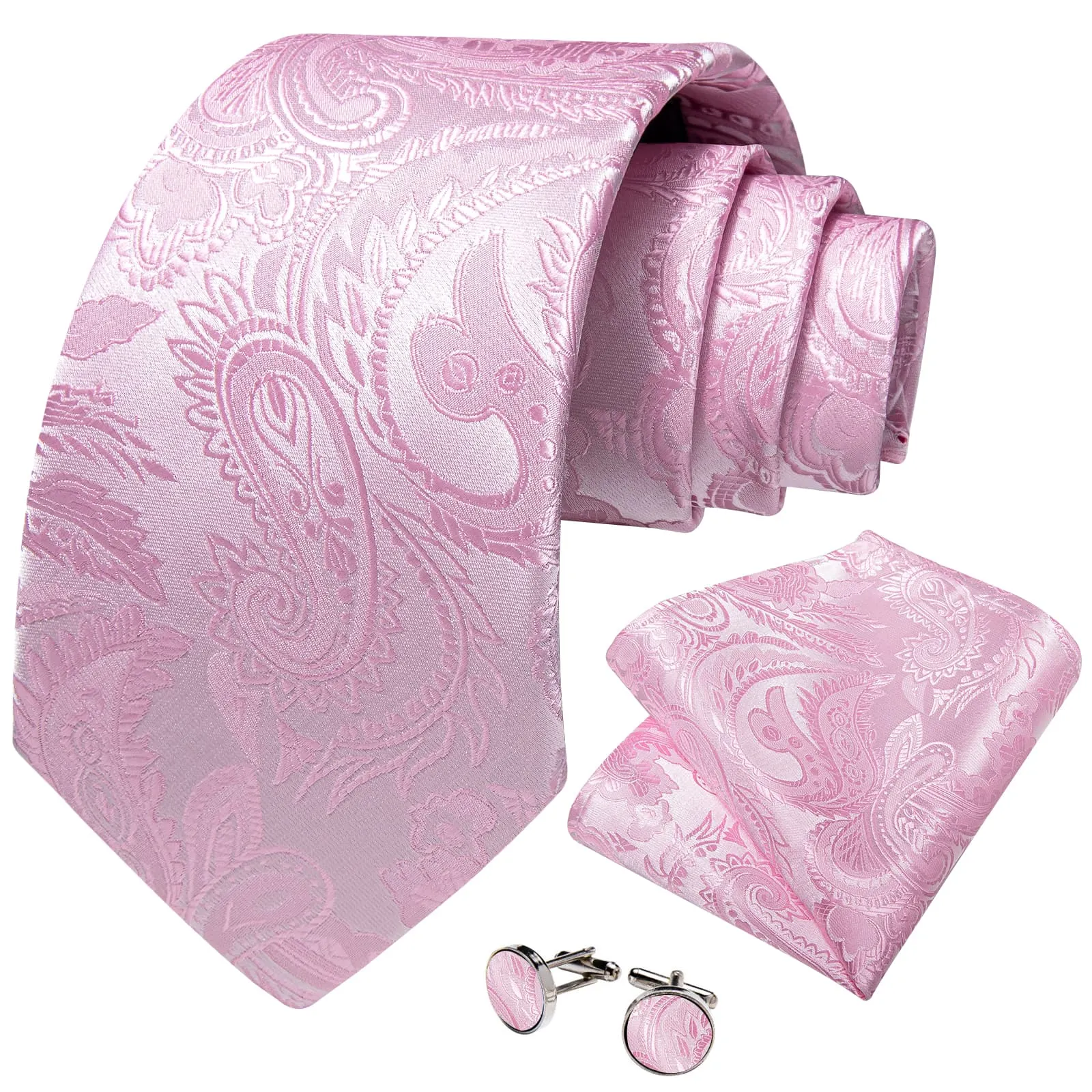 DiBanGu Silk Necktie Blush Pink Floral Mens Dress Tie Pocket Square Cufflinks Set