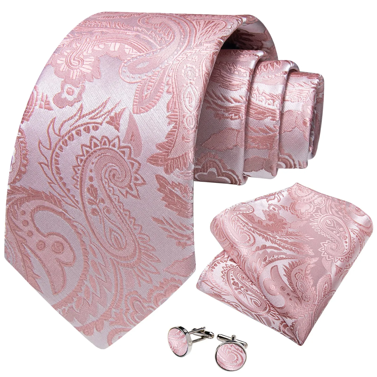 DiBanGu Silk Necktie Rose Pink Paisley Mens Dress Tie Pocket Square Cufflinks Set