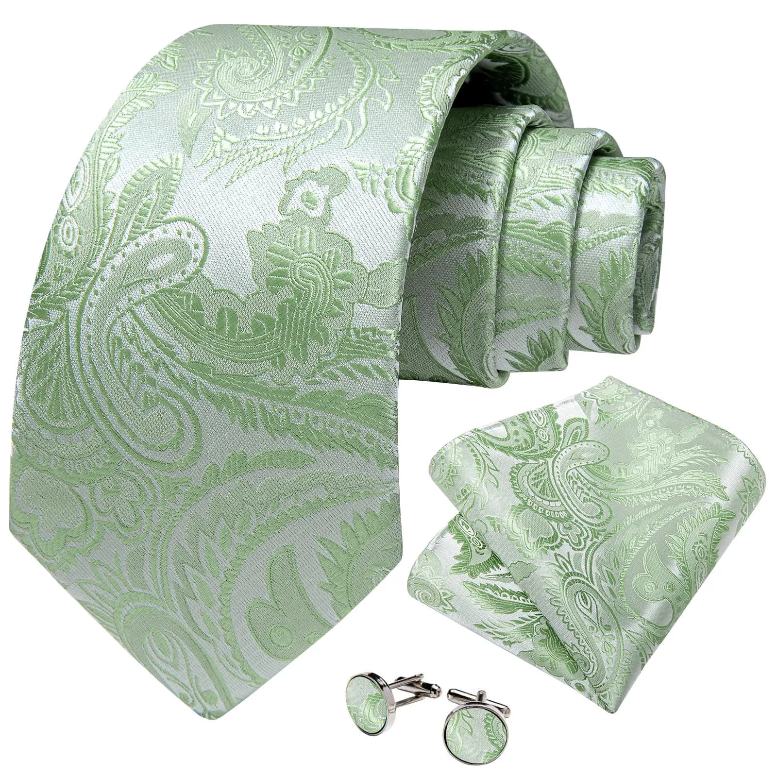 DiBanGu Silk Necktie Sage Green Paisley Mens Dress Tie Pocket Square Cufflinks Set