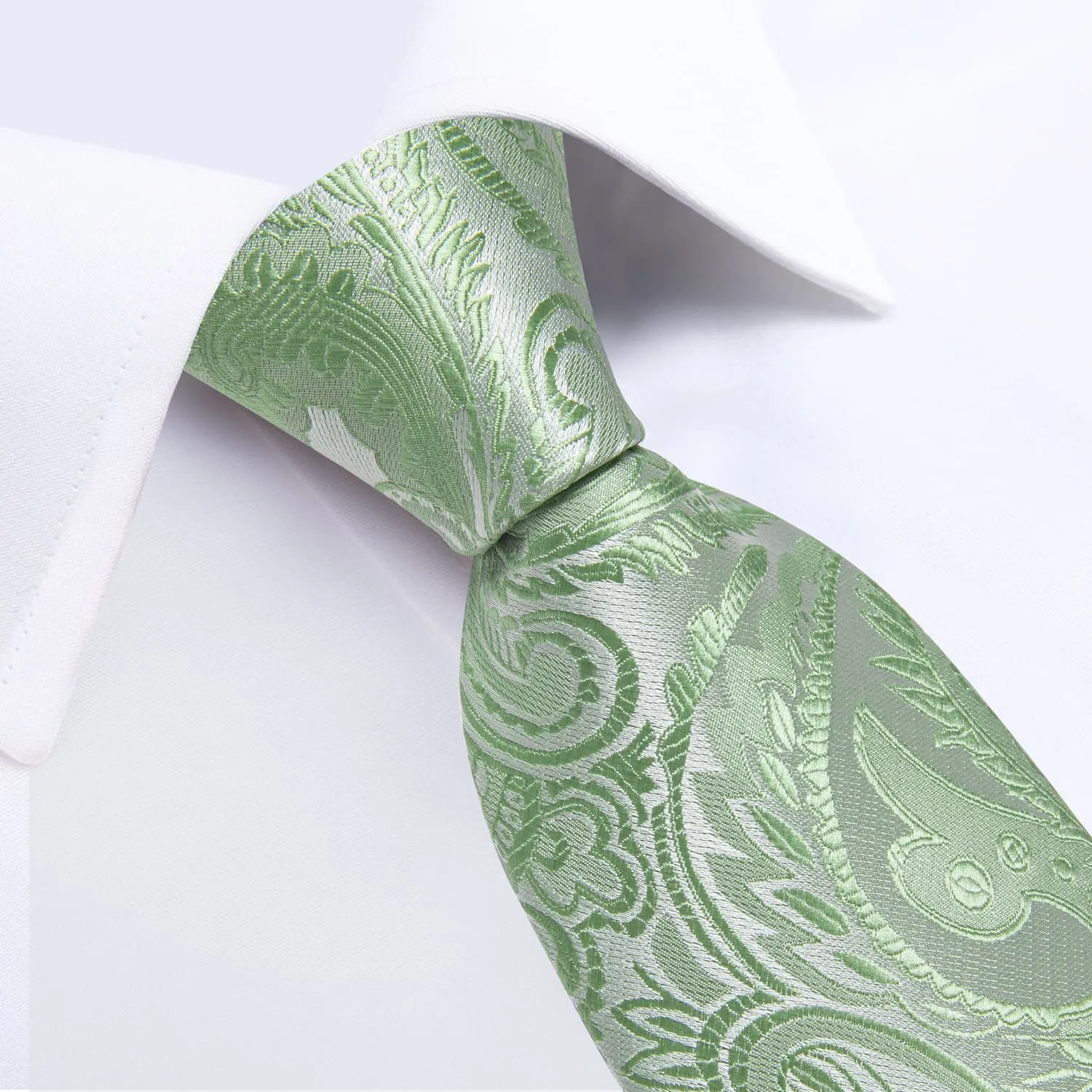 DiBanGu Silk Necktie Sage Green Paisley Mens Dress Tie Pocket Square Cufflinks Set