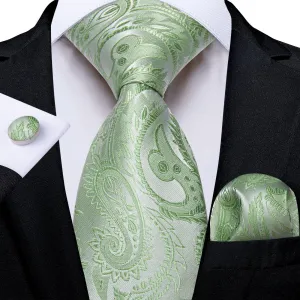 DiBanGu Silk Necktie Sage Green Paisley Mens Dress Tie Pocket Square Cufflinks Set