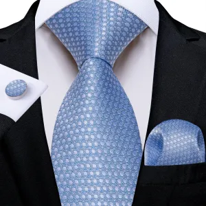 DiBanGu Silk Tie Arctic Blue Polka Dot Men's Tie Handkerchief Cufflinks Set