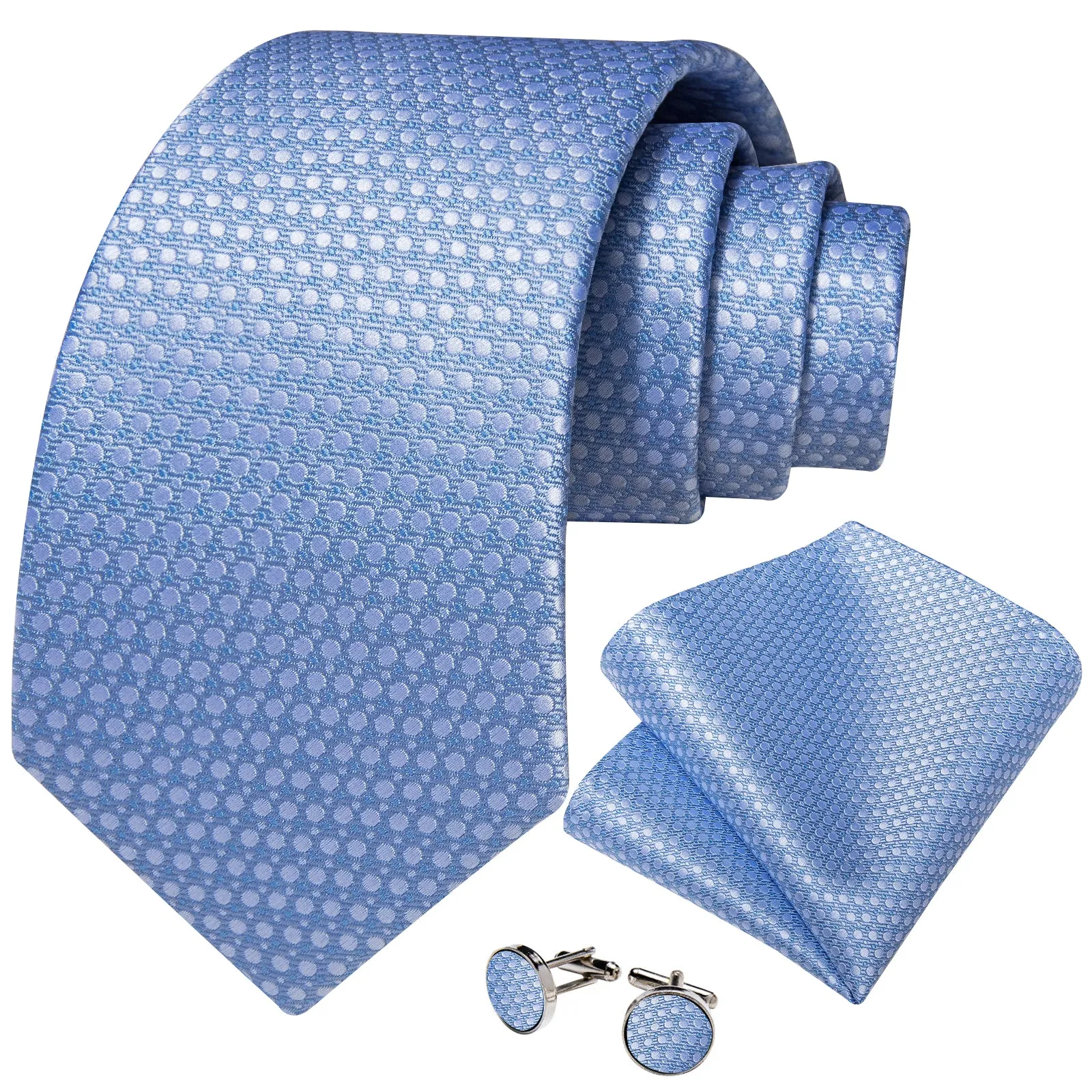 DiBanGu Silk Tie Arctic Blue Polka Dot Men's Tie Handkerchief Cufflinks Set