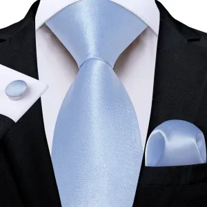 DiBanGu Silk Tie Arctic Blue Solid Mens Tuxedo Work Dresses Tie Pocket Square Cufflinks Set