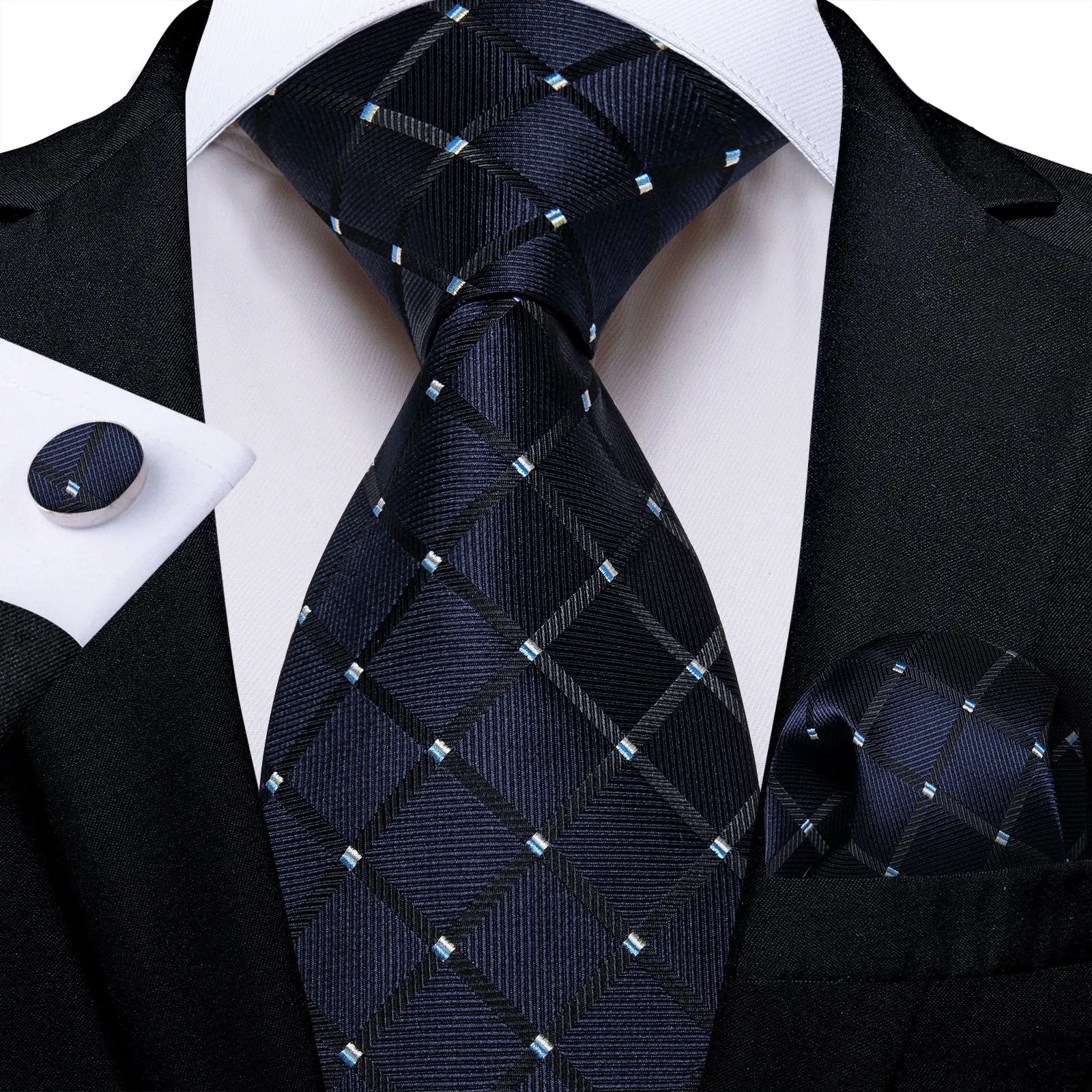 DiBanGu Silk Tie Berry Blue Plaid Men's Tie Handkerchief Cufflinks Set