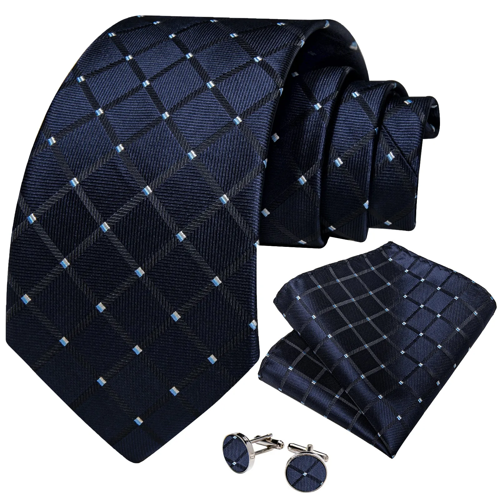 DiBanGu Silk Tie Berry Blue Plaid Men's Tie Handkerchief Cufflinks Set