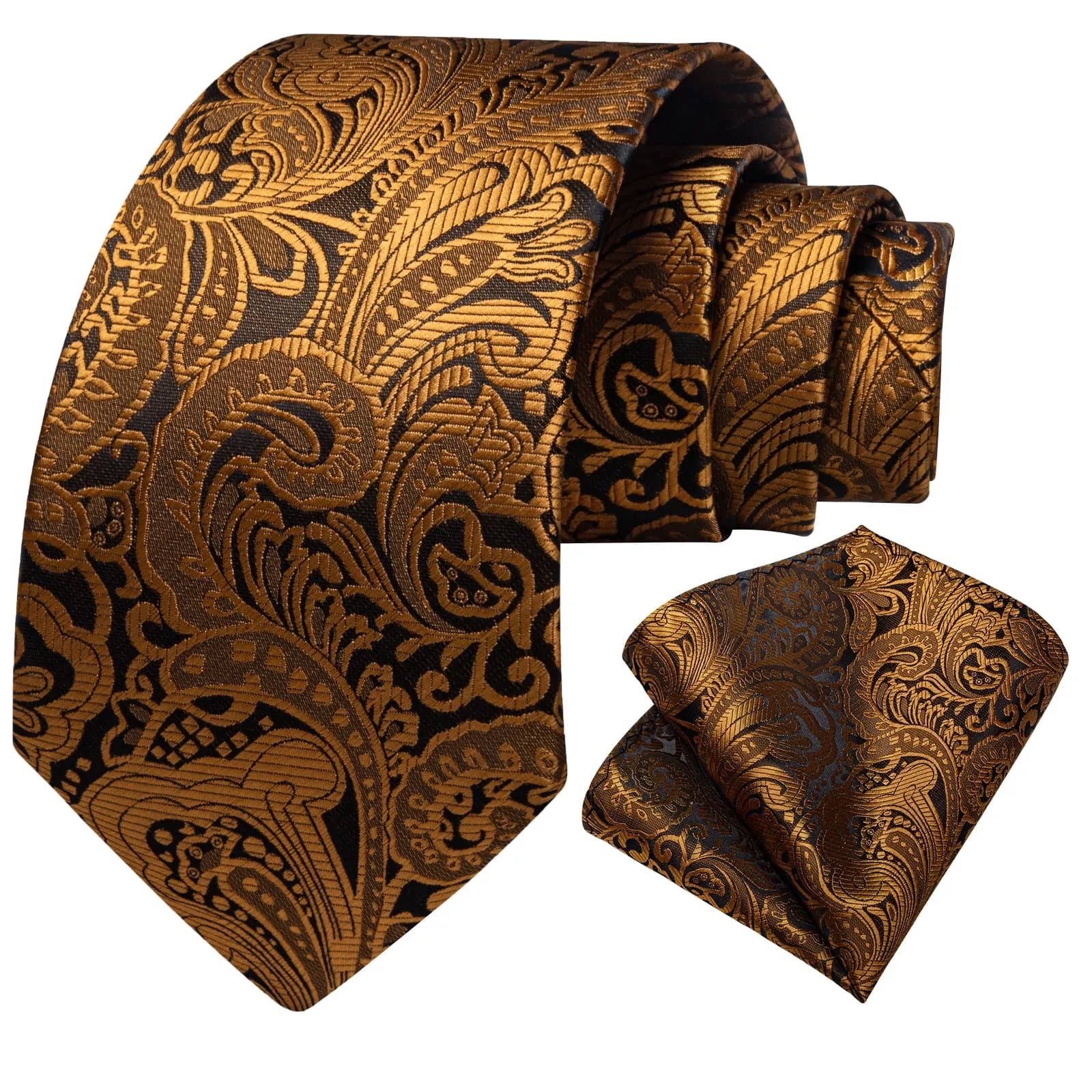 DiBanGu Silk Tie Copper Brown Floral Silk Mens Work Dress Tie Pocket Square Cufflinks Set