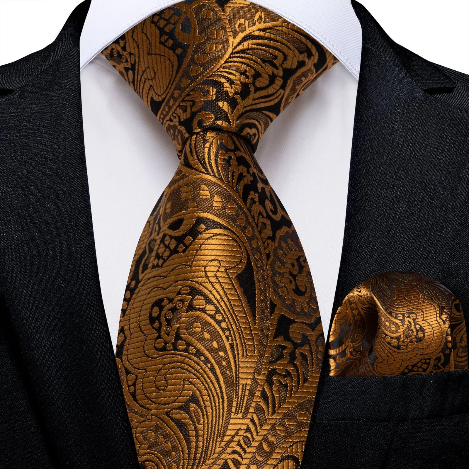 DiBanGu Silk Tie Copper Brown Floral Silk Mens Work Dress Tie Pocket Square Cufflinks Set