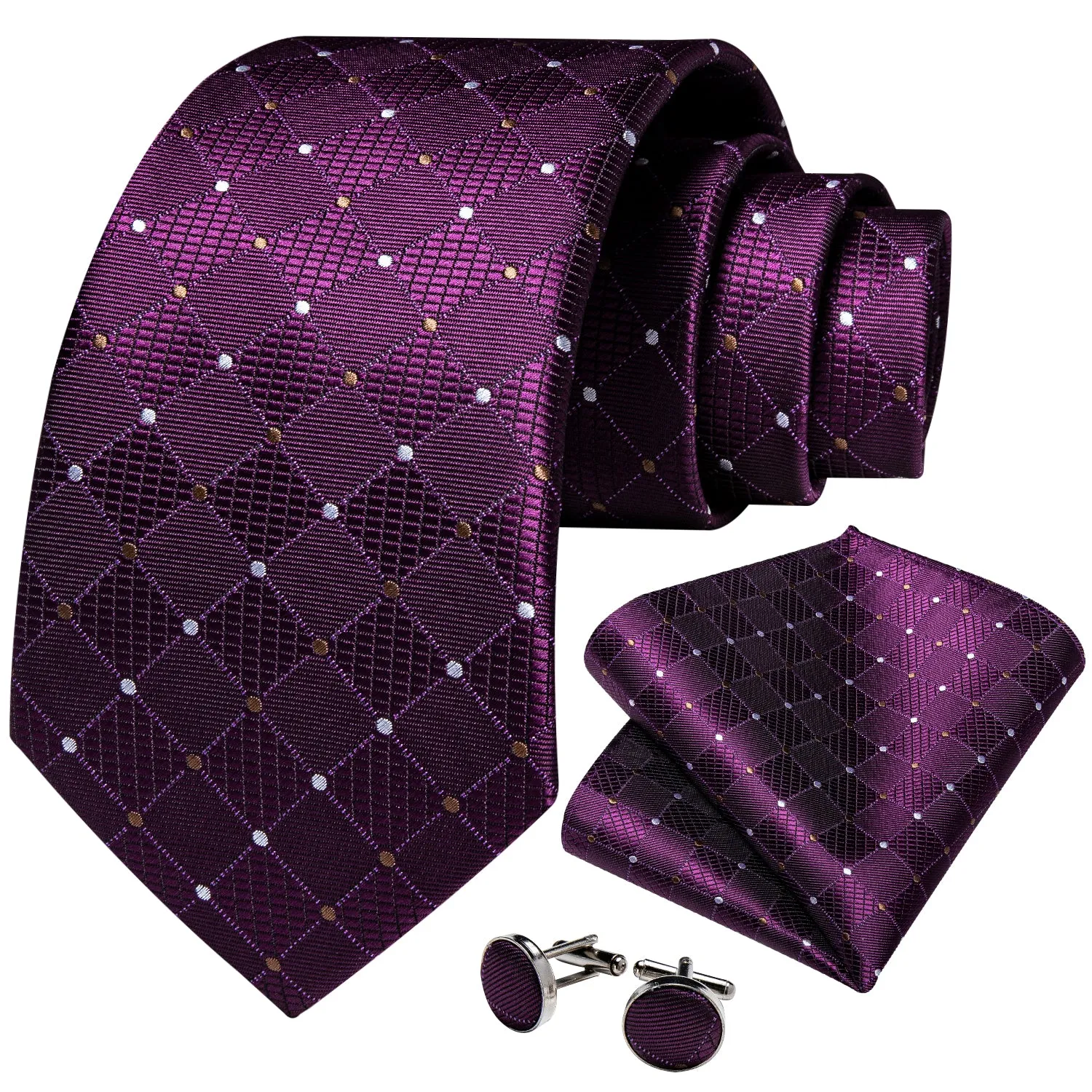 DiBanGu Silk Tie Purple White Plaid Men's Tie Handkerchief Cufflinks Set