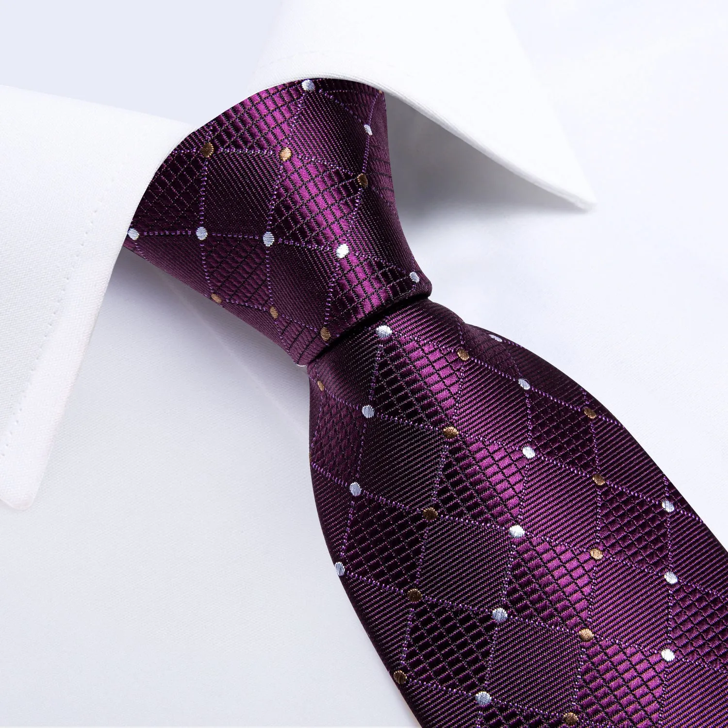 DiBanGu Silk Tie Purple White Plaid Men's Tie Handkerchief Cufflinks Set